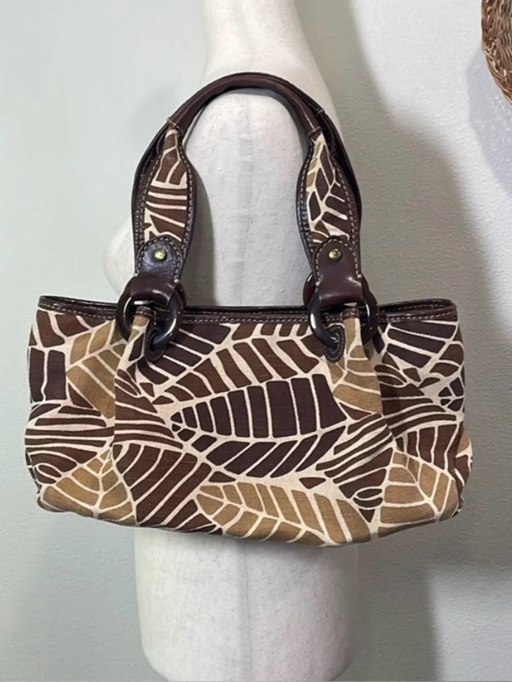 Y2K Fossil Tropical Leaf Canvas & Leather Shoulder Bag Purse Brown Tan Vintage